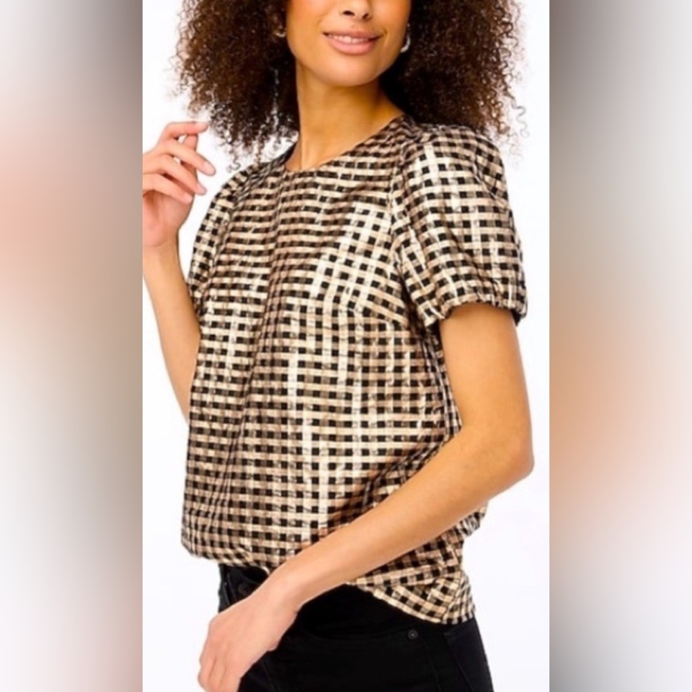 J Crew Blouse Puff Sleeve Top Womens XL Black‎ Metallic Gold Lurex Gingham